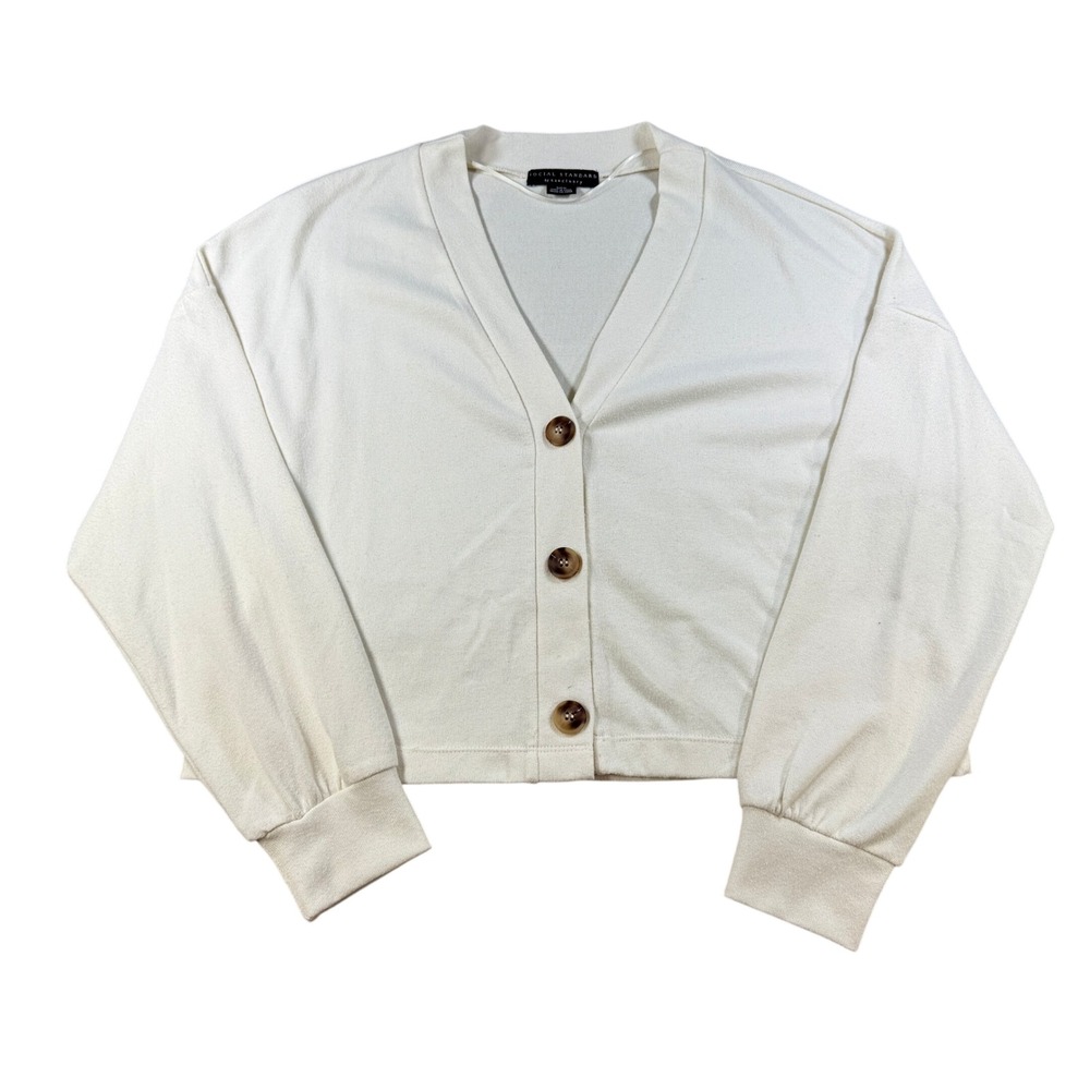 Social Standard Women Cardigan Cropped V-Neck Button Front S White Poly Spandex
